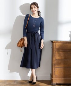 Tiaclasse L 【洗える】異素材を組み合わせたミモレ丈リブコンビワンピース