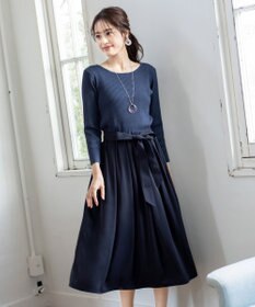 Tiaclasse L 【洗える】異素材を組み合わせたミモレ丈リブコンビワンピース