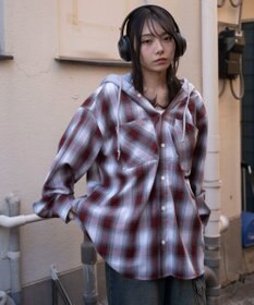 WEGO 【ユニセックス着用ITEM/MLサイズ展開】オンブレチェックフードシャツ（LS）