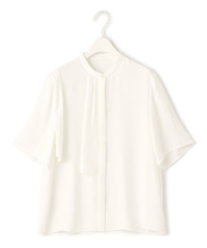 ICB 【洗える】BackSatinAmunzen 5分袖ラッフルデザインブラウス