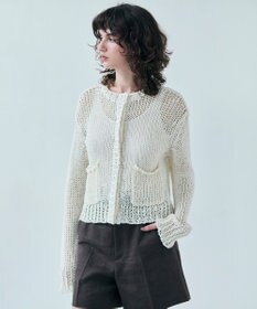 BEIGE， 【洗える】THYME / クルーネックコットンメッシュカーディガン