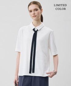 ICB 【WEB限定カラーあり】マラボーテライトジョーゼット 半袖ボウタイ付きシャツカラートップス オフホワイト×レース襟［WEB限定］