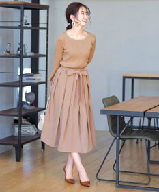 Tiaclasse 【洗える】異素材を組み合わせたミモレ丈リブコンビワンピース