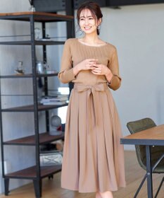 Tiaclasse 【洗える】異素材を組み合わせたミモレ丈リブコンビワンピース