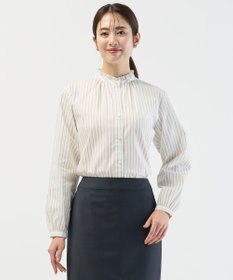 J.PRESS LADIES L BEZコットンナイロン ストライプ フリル襟 ブラウス