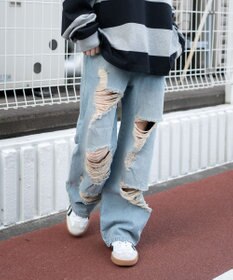 WEGO ダメージストレートデニムパンツ