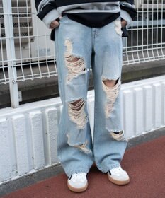 WEGO ダメージストレートデニムパンツ