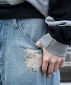 WEGO ダメージストレートデニムパンツ