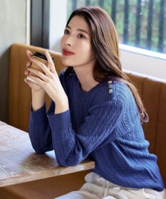 Tiaclasse L 【洗える】肩ボタンケーブルニットトップス