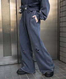 WEGO 【ウエストゴム】ダメージスウェットワイドパンツ