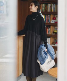 23区 【洗える】ギャザーコンビ ニットワンピース ブラック系