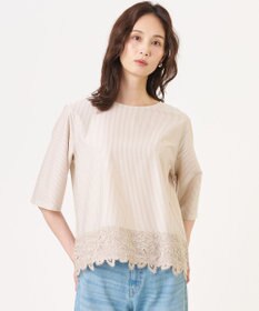 J.PRESS LADIES 【一枚で着映え】ストライプレース クルーネック カットソー ベージュストライプ系
