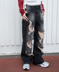 WEGO ダメージストレートデニムパンツ