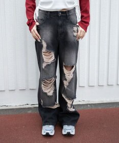 WEGO ダメージストレートデニムパンツ
