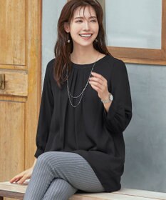 Tiaclasse L 【新色追加・洗える】裏起毛ジョーゼット胸元タックチュニックブラウス