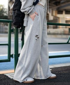 WEGO 【ウエストゴム】ダメージスウェットワイドパンツ