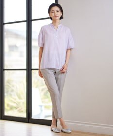 J.PRESS LADIES 【洗える】綿キュプラコードストライプ キーネック ブラウス