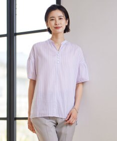 J.PRESS LADIES 【洗える】綿キュプラコードストライプ キーネック ブラウス