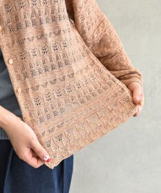 muuc 〈高品質シルク100%〉〈通年着られる〉透かしレース編み 袖リブあり シェルボタン使用 カーディガン