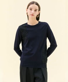 BEIGE， 【ご好評により新色追加！洗える】WILLOW / アシンメトリーレースクルーネックニット Navy×Black