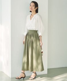 UNFILO ストライプレース ギャザーブラウス