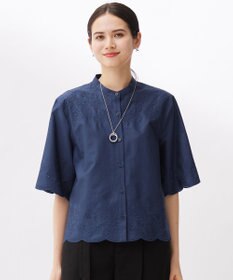 自由区 【カタログ掲載・接触冷感・洗える】エンブロイダリーローンシャツ ブラウス コバルトブルー