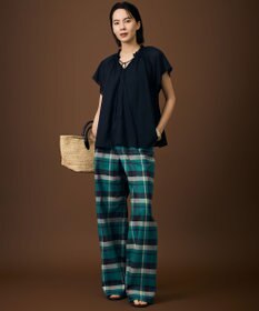 自由区 【SHIHOさん着用・セットアップ対応】コットンリネンチェックワイドストレート パンツ