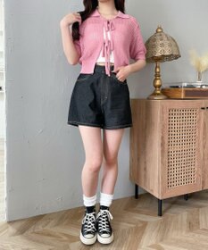 WEGO 襟付きリボンメッシュショートカーデ