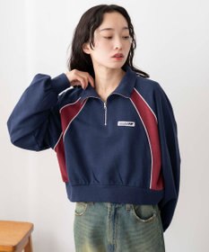 WEGO パイピング切替ショートハーフZIPスウェット