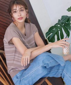 Tiaclasse L 【洗える】マルチボーダーフレンチスリーブニット