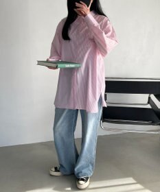 WEGO 【冷房対策】刺繍ストライプBIGシャツ