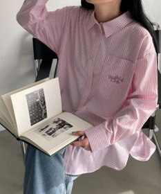 WEGO 【冷房対策】刺繍ストライプBIGシャツ