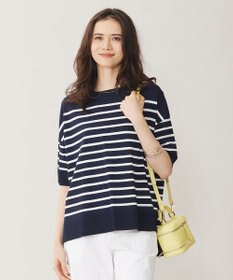 自由区 【接触冷感・UVカット・WEB限定カラーあり】クレープストレッチプルオーバー ニット ネイビー×オフボーダー