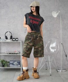 WEGO グラフィックノースリーブサイドドロストショートT