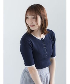 Te chichi 【UVカット】ヘンリーネック5分袖配色リブニット