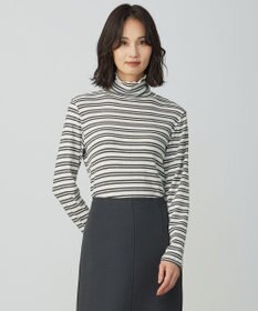 J.PRESS LADIES カシミヤシルク シアーリブ ボーダー タートル カットソー アイボリーベース系