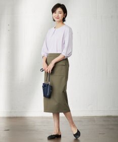 J.PRESS LADIES L ピンストライプジャージー ボリュームスリーブ カットソー