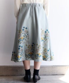 muuc 〈通年着られる心地よいリネンウール〉フクシアの花刺繍 後ろゴム有り・裏地有り フレアースカート