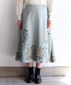 muuc 〈通年着られる心地よいリネンウール〉フクシアの花刺繍 後ろゴム有り・裏地有り フレアースカート