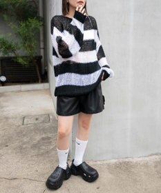 WEGO ボーダーモヘアタッチメッシュニットプルオーバー