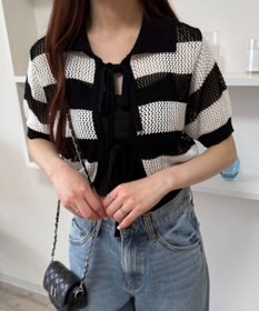 WEGO 襟付きリボンメッシュショートカーデ