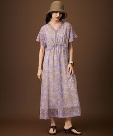自由区 L 【SHIHOさん着用・シアーな抜け感】ハーバリウムフラワープリントVネック ワンピース サンタンブラウン×ラベンダー