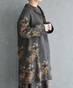 muuc 〈通年着られる心地よいリネンウール〉フクシアの花刺繍 シェルボタン使用 裏地有り テーラードカラー比翼仕立てコート