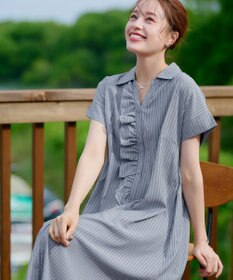 Tiaclasse L 【洗える】ストライプフリルシャツワンピース