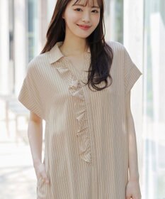 Tiaclasse L 【洗える】ストライプフリルシャツワンピース