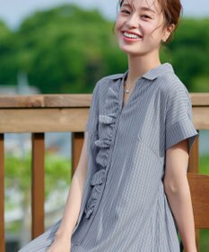 Tiaclasse L 【洗える】ストライプフリルシャツワンピース