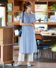 Tiaclasse L 【洗える】ストライプフリルシャツワンピース