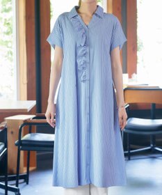 Tiaclasse L 【洗える】ストライプフリルシャツワンピース