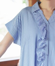 Tiaclasse L 【洗える】ストライプフリルシャツワンピース