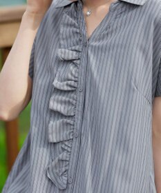 Tiaclasse L 【洗える】ストライプフリルシャツワンピース